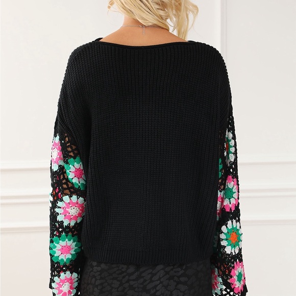 Black Floral Crochet Bell Sleeve Loose sweater Bohemian Blouse - Picture 5 of 16